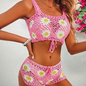 Pink Crochet Daisy Swim Set